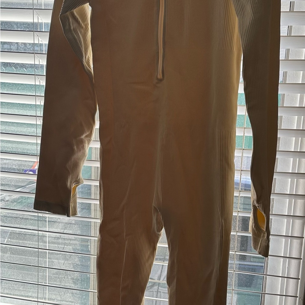 Tan Ribbed Long Sleeve Jumpsuit